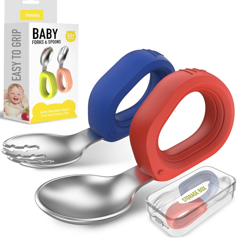 yimido Toddler Utensils Baby Utensils Toddler Forks and Spoons Baby Forks and Spoons Set Kids Stainless Steel Silverware Set Children Safe Forks and Spoons self feedig-Dishwasher Safe(Red+Blue) - Image 1